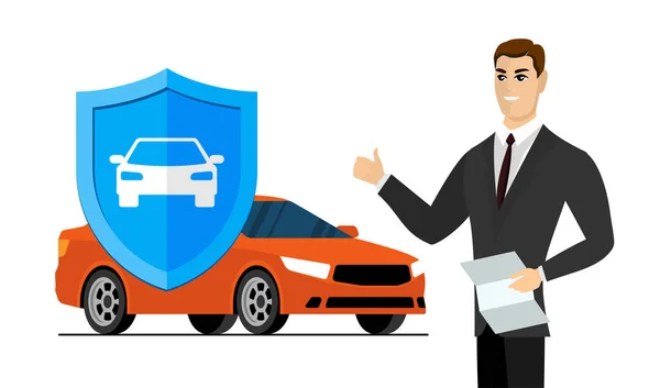 Car insurance service center banner. Businessman with document shows thumbs up. Blue shield sign with automobile. Transport protection and security advertising design. Auto vehicle guard service — Stock Vector