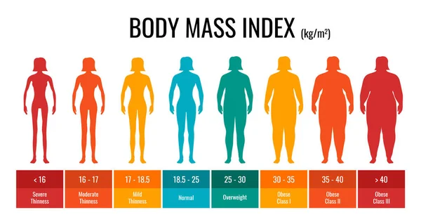 BMI osztályozási táblázat mérőnő készlet. Női testtömeg index infografika testtömeg státusszal alultáplálttól a súlyosan elhízottig. Orvosi testtömeg-kontroll grafikon. Vektorillusztráció — Stock Vector