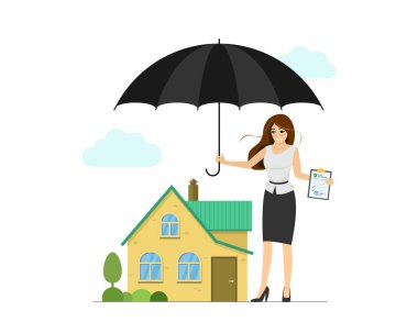 Sigortacı kadın ajanın şemsiyesi panoda ev ve mülk koruma sözleşmesi poliçesi var. Evdeki yaralanma riski hukuki hazırlık konsepti. Vektör illüstrasyonu