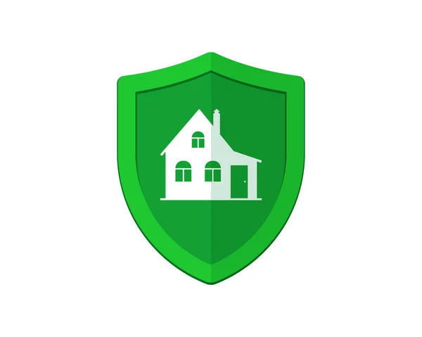 Шаблон дизайну логотипу для захисту дому. Зелений щит з домашнім логотипом. Символ безпеки властивості. Будівництво піктограми нагадування. Охоронний знак Векторні ізольовані ілюстрації — стоковий вектор