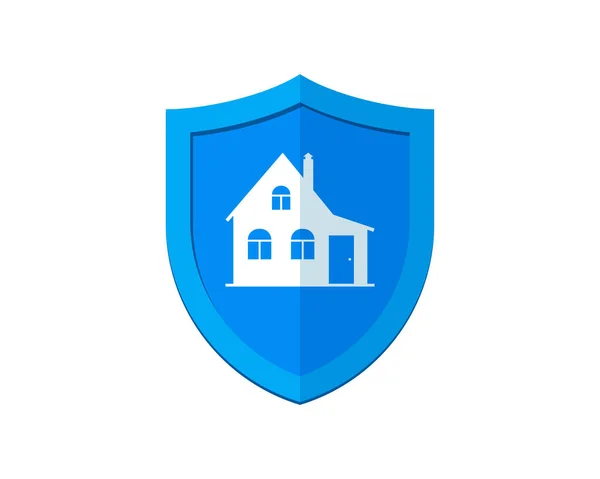 Šablona designu loga domácí ochrany. Modrý štít s logotypem domu. Symbol zabezpečení vlastnosti. Buduji ikonu alarm. Ochranný znak vektor izolované ilustrace — Stockový vektor