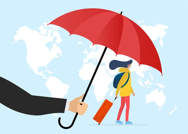 Pojištění pro cestující. Agent ruka drží deštník nad cestovní žena se zavazadlovým kufříkem v ochranném obličejové masky na pozadí mapy světa. Nápis - ilustrace vektoru bezpečnosti — Stockový vektor