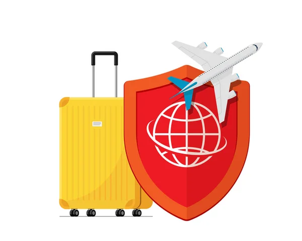 Travel insurance banner concept. Yellow traveling luggage suitcase and airplane trip protect by red shield with world globe. Plane flight safety symbol. Aircraft journey risk protection. Vector — Stock Vector