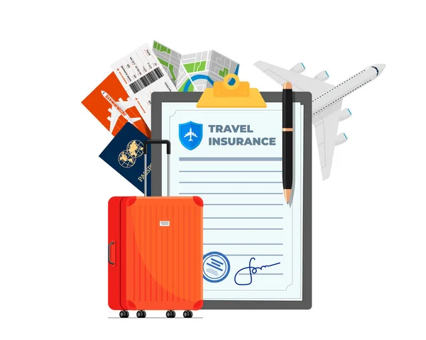 Travel insurance policy with passport, flight ticket, plane and red traveling suitcase. Safe plane trip and signed contract protection tourist life and property. Safety journey aircraft document — Stock Vector