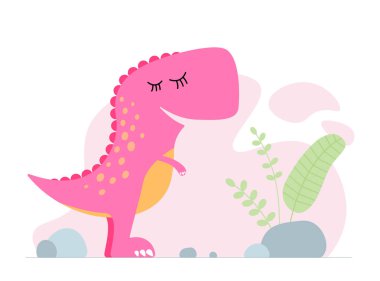 Şirin pembe dino. Nazik gülümseyen bebek dinozor tyrannosaurus. Çizgi film bebek grafik baskı pankartı. Yaratıcı kız T-Rex orijinal tasarımı. El çizimi vektör illüstrasyonu
