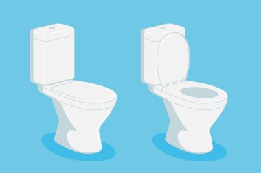 Beyaz, modern seramik klozet seti. Açık ve kapalı kapaklı tuvalet. WC düz vektör illüstrasyonu