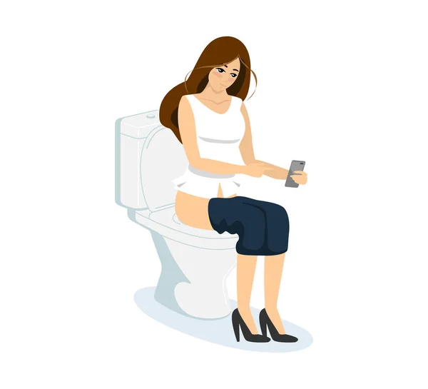Nő pisál vagy kakil WC-ben okostelefonnal a kezében. Egy lány ül a vécécsészén és a közösségi oldalakon szörfözik a mosdóban. Egy nő beszélget a barátaival a mosdóban. Vektorillusztráció — Stock Vector
