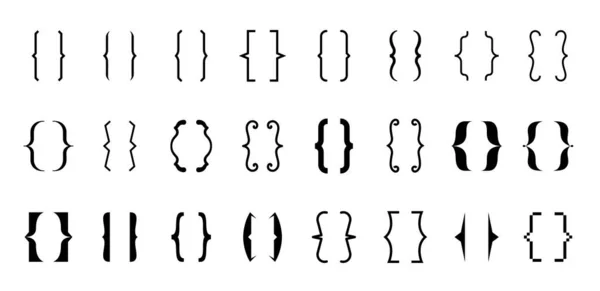 Diferentes aparelho encaracolado conjunto ícone preto. Colchetes modernos e vintage linhas e coleção de símbolos para digitação ou tipografia. Conceito de elementos de design de ornamento e vetores para mensagens e citações —  Vetores de Stock