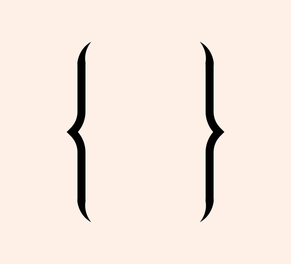 Кудрявые бравурные знаки препинания - черная икона. Винтажные скобки символизируют фигуру для печатания или типографики. Концепция элементов орнамента и вектора для сообщений и кавычек