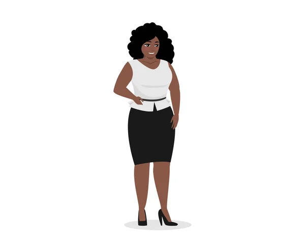 Attraktive pummelige schwarze Geschäftsfrau in eleganter Bürokleidung. Afrikanische amerikanische Geschäftsfrau übergewichtig plus Größe Körper. Körperpositive erfolgreiche Hündin. Kurvige Fett Erwachsenen Mädchen Vektor — Stockvektor