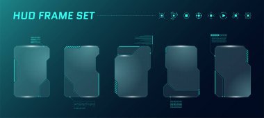 HUD dijital fütürist kullanıcı arayüzü kare çerçeve seti. Bilim kurgu yüksek teknoloji ekranları. Oyun menüsü kontrol panellerine dokunuyor. Siber uzay baş görüntüleme teknolojisi bilgi imzası kavramı