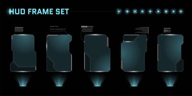 HUD dijital fütürist kullanıcı arayüzü kare çerçeve seti. Bilim kurgu yüksek teknoloji ekranları. Oyun menüsü hologram gösterge panellerine dokunuyor. Siber uzay baş ekran teknolojisi bilgi işaretleri
