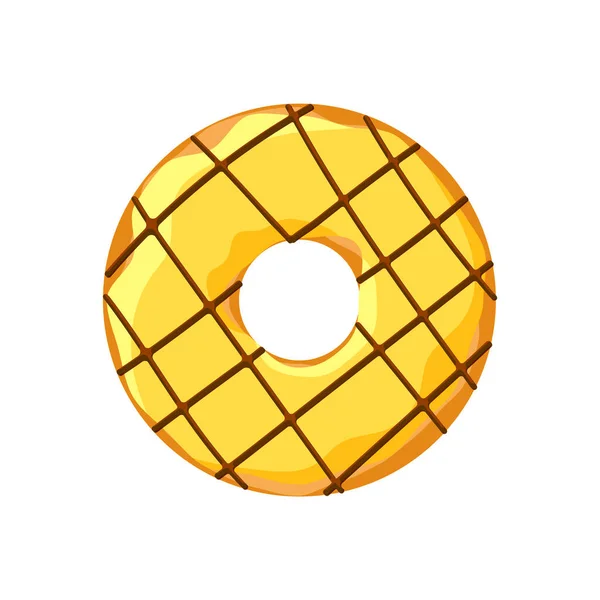 Γλυκό πολύχρωμο νόστιμο ντόνατ απομονωμένο σε λευκό φόντο. Κίτρινα τζάμια και λωρίδες σοκολάτας ντόνατ πάνω όψη για διακόσμηση κέικ καφέ ή το σχεδιασμό μενού. Νόστιμη εικονογράφηση φορέα αρτοποιίας — Διανυσματικό Αρχείο