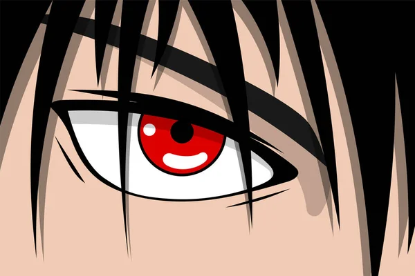 Anime cara de menino bonito com olhos vermelhos e cabelo preto. Manga conceito de fundo de arte herói. Vetor desenho animado olhar ilustração —  Vetores de Stock