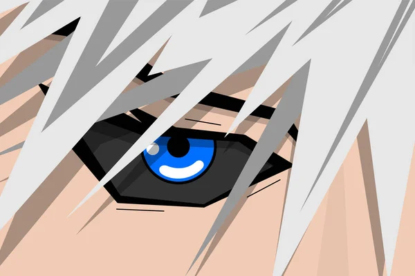 Anime bonita cara de niño con el ojo azul y el pelo gris. Manga héroe arte concepto de fondo. Ilustración de aspecto de dibujos animados vectoriales — Archivo Imágenes Vectoriales