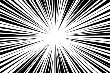 Çizgi roman şeridi radyal hareket çizgileri. Anime çizgi romanları kahraman hızında ya da aksiyon dokusu ışınlarıyla savaşır. Manga çizgi filminin arka planında patlamalar var. Vektör illüstrasyonu