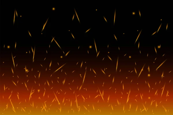 Chispas ardientes en el aire durante la noche oscura. Volando partículas brillantes del fuego. Efecto de las luces de llama en el fondo negro de la ilustración del vector lateral inferior — Vector de stock