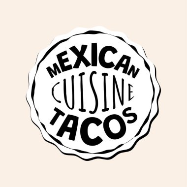 Fast food kafe ya da restoranın Meksika fast food taco rozeti. Meksika mutfağı taco logosu. Latin Amerika yemek logosu. Restoran ya da taqueria yemek yeme amblemi. Vektör illüstrasyonu