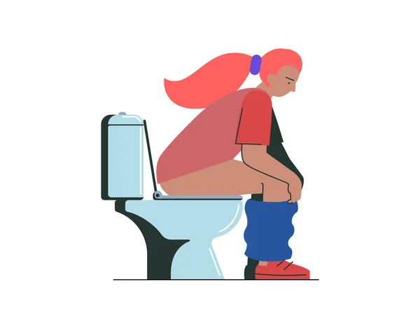 Thoughtful young woman pissing or pooping in WC. Girl sitting on toilet bowl in lavatory. Beautiful female person spending time in restroom. Vector eps illustration — Stok Vektör