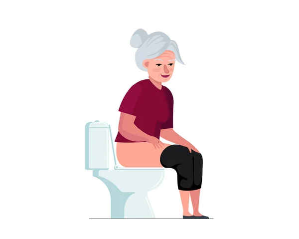 Elderly woman pissing or pooping in WC. Grandmother sitting on toilet bowl in lavatory. Old senior female person spending time in restroom. Vector illustration — Stock Vector