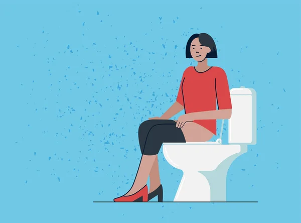 Jovem mijando ou cagando em WC. Menina sentada em vaso sanitário no lavatório. Bela pessoa feminina passando tempo no banheiro. Ilustração vetorial —  Vetores de Stock