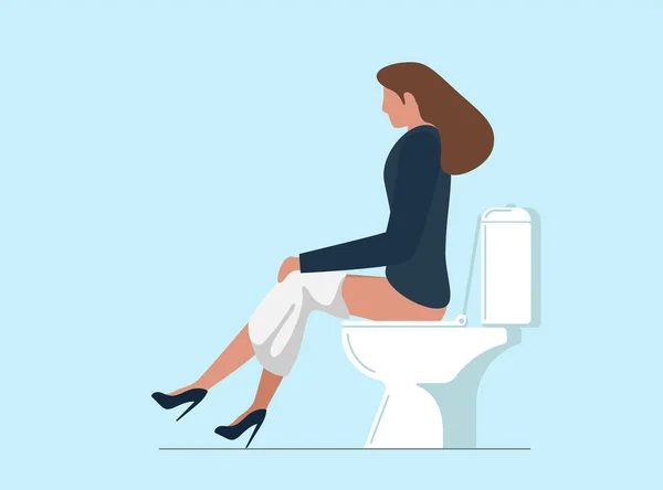 Thoughtful young woman pissing or pooping in WC. Girl sitting on toilet bowl in lavatory. Beautiful female person spending time in restroom. Vector illustration — Vector de stock