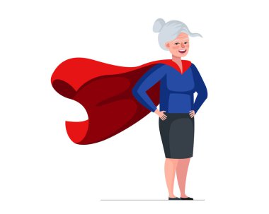 Older woman in superhero costume wearing hero cape. Super heroine elderly female. Strong healthy old lady. Cool retired granny. Cheerful senior pensioner having superpowers. Active fun grandmother