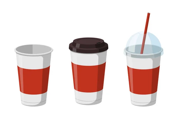 Disposable paper beverage cup templates set for coffee, soda or cocktail with black and transparent hemisphere lid. 3d blank white and red large cardboard soft drinks packaging collection. Vector — Stok Vektör