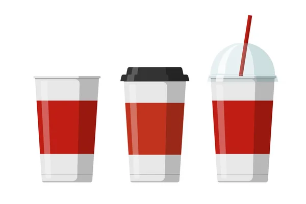 Disposable paper beverage cup templates set for coffee, soda or cocktail with black and transparent hemisphere lid. Blank white and red large cardboard soft drinks packaging collection. Vector — Stok Vektör