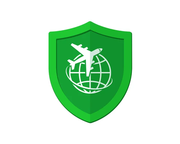 Airplane with globe on green shield. Travel insurance concept. Safe flight by plane badge concept. Jet trip protection symbol. Safety aircraft journey vector isolated sign — Stockvektor