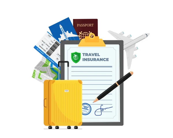パスポート、航空券、飛行機と黄色のスーツケースで旅行保険ポリシー。安全な飛行機旅行と署名契約保護観光生活と財産。安全航空機の旅の準備 — ストックベクタ