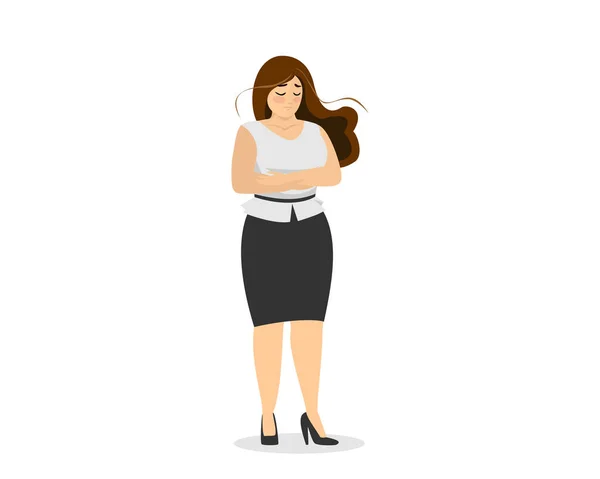 Attractive chubby businesswoman standing and sad. Unhappy obese business woman overweight plus size body. Curvy fat adult girl. Excess weight problems female. Vector isolated illustration — ストックベクタ