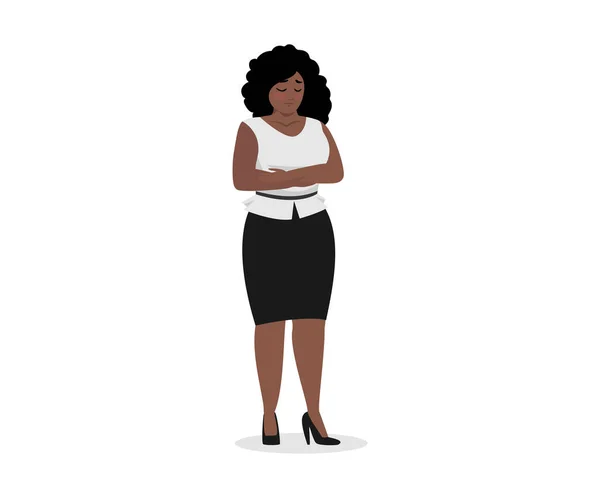 Belle femme d'affaires noire potelée debout et triste. Malheureuse femme d'affaires afro-américaine obèse en surpoids plus le corps de taille. Curvy gros adulte ébène fille. Problèmes de surpoids féminin. Vecteur — Image vectorielle