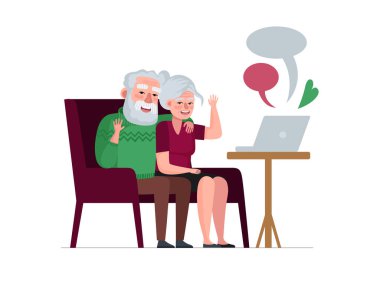 Yaşlı çift dizüstü bilgisayarda oturup konuşarak emekli oldu. Yaşlılar online internet konferansı. Yaşlılar video iletişimi. Vektör illüstrasyonu