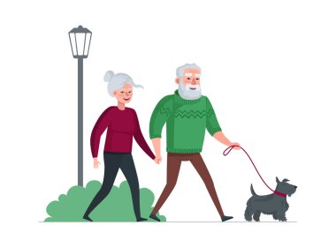 Elderly couple retired grandparents walking with dog at park. Old people spending time outdoor. Senior persons enjoying promenade with pet. Family leisure relationships. Vector illustration