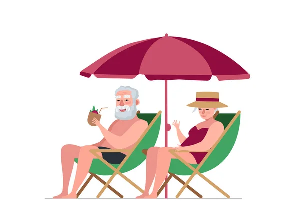 Idős pár nyugdíjas nagyszülők nyári elfoglaltsága. Az öregek koktélt isznak és lazítanak a tengerparton. Az idősebbek együtt napoznak az úton. Nyugdíjas szabadidős kapcsolatok. Előfordulás — Stock Vector
