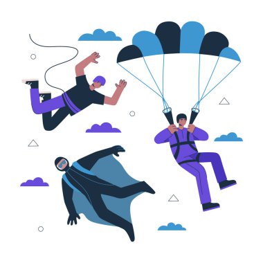 Hava ekstrem spor takımı. Genç erkekler paraşütçü ve ip atlayıcılı bungee jumper. Serbest düşüş uçuşu. Paraşütle atlayan kişi. Atlayış tulumuyla hippi üssü atlayışı. Skydiving vektörü