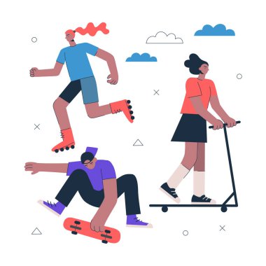 Genç insanlar ekstrem spor setinde aktif yaşam tarzına sahipler. Paten yapan ve scooter süren kızlar. Kaykay numarası. Hipster aktif yaşam tarzı. Kaykay ve scooter. Paten kayma vektörü