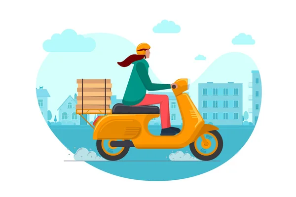 由订单服务部门的女信使骑摩托车快速运送城镇披萨。乘坐橙色摩托车的快速后勤女司机在城市景观路上运送食品盒。按女童病媒说明分列的物品 — 图库矢量图片