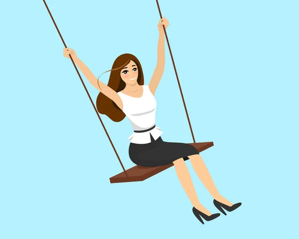 Smiling swinging beautiful woman. Happy successful businesswoman relaxing and playing on swing. Female business success and profit concept. Vector illustration — Stockvektor