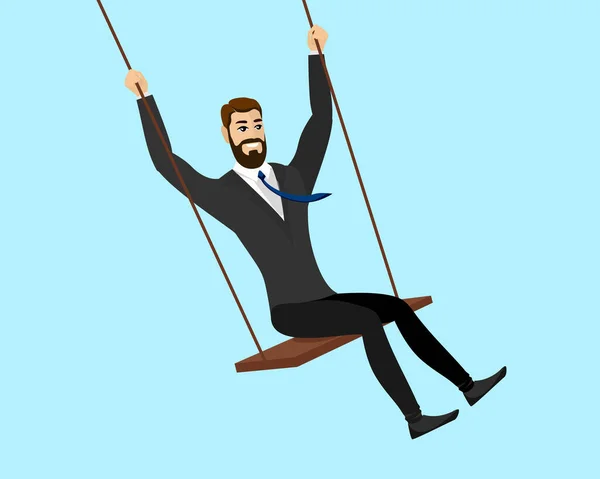 Smiling swinging man in suit. Happy successful businessman relaxing and playing on swing. Male business success and profit concept. Vector illustration — ストックベクタ