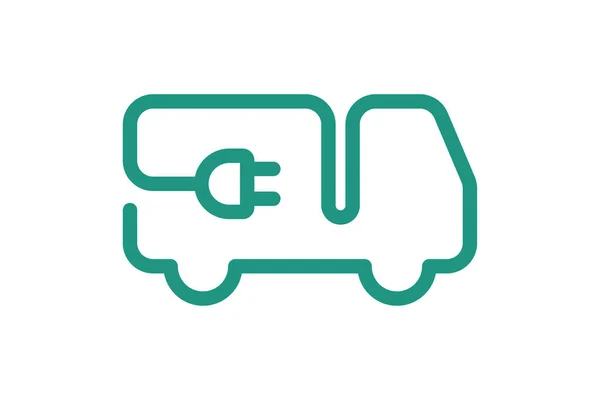 Elektrische vrachtwagen pictogram. Groene kabel elektrische vrachtwagen contour en stekker opladen symbool. Eco-vriendelijke elektro voertuig teken concept. Vector batterij aangedreven vervoer illustratie — Stockvector