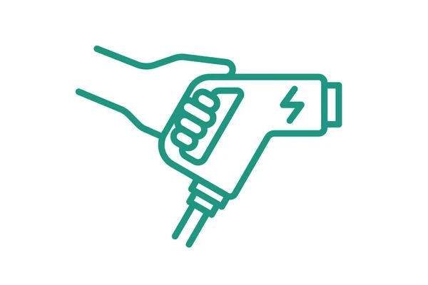 Ręczne trzymanie złącza ładowarki elektrycznej ikona liniowa. Symbol wtyczki ładowania energii elektrycznej w transporcie. Ekologiczny znak ładowania pojazdów elektrycznych. Zasilana baterią stacja transportowa EV logo eps — Wektor stockowy