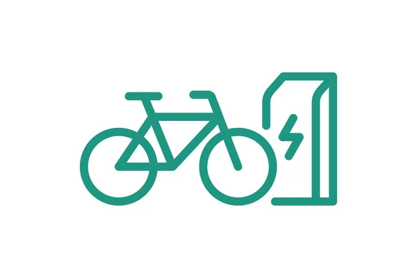 Электрическая зарядка велосипеда в зарядном устройстве линейная иконка. Электрический заряд энергии велосипеда зеленый символ. Экологически чистый электровелосипед. Векторные батареи для электронного велосипеда — стоковый вектор