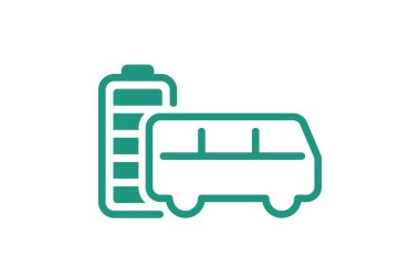 Elektrik otobüsü tam şarjlı pil enerji göstergesi yeşil doğrusal simge. Şehrin elektrikli yolcu nakil akümülatör şarj sembolü. Elektro şarjlı otomobil. Çevre dostu araç şarj işareti