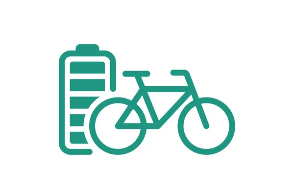 Электрический велосипед полностью заряженный индикатор энергии батареи зеленый линейный значок. Символ аккумулятора электрического транспортного велосипеда. Цикл электрозарядки. Экологически чистый знак подзарядки — стоковый вектор