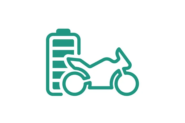 Elektryczny rower sportowy w pełni naładowany wskaźnik energii akumulatora zielona ikona liniowa. Symbol ładowarki akumulatora do transportu elektrycznego. Elektryczne ładowanie motocykla. Ekologiczne ładowanie pojazdu — Wektor stockowy