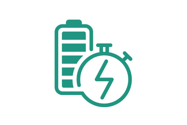 Ícone de bateria de carregamento elétrico rápido. Rápido acumulador de energia elétrica símbolo carregador. Acelerar eletricidade carregar sinal linear. Recarga de energia expresso logotipo verde com relâmpago no cronômetro. Vetor —  Vetores de Stock