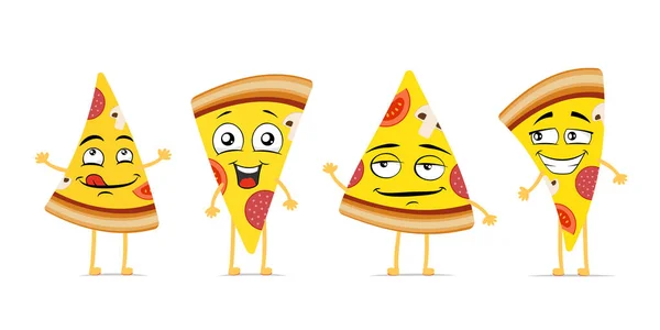 Pizza Scheibe Lustig Lächelnde Zeichentrickfigur Gesetzt Italienische Gericht Stück Niedlich — Stockvektor