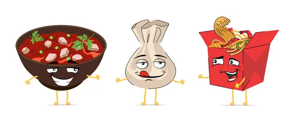 Chinesisches Essen Lustiger Zeichentrickzeichensatz China Cuisine Niedlichen Gesichtsausdruck Maskottchen Sammlung — Stockvektor